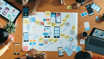 UI/UX design workflow showing user journey mapping and interface prototypes